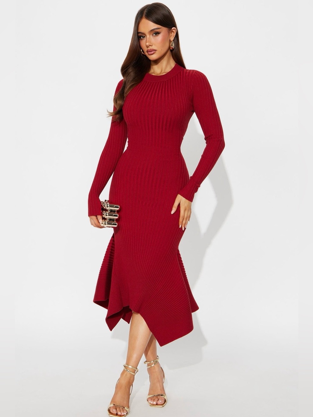Fashion Nova Ribbed Long Sleeve Midi Dress in Burgundy